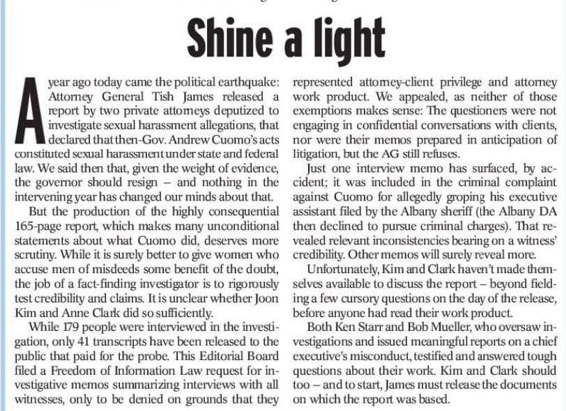 AnnaLogue75's tweet photo. Good morning!! On this day, I have to say,
Honourable @andrewcuomo - we are with you and we believe you.
Disgraced @NewYorkStateAG - RESIGN and REPENT.
Thank you @NYDailyNews for today's Editorial - much needed truth!
#JusticeForCuomo #CuomoArmy #CuomoCommunity #TruthAtAllCosts https://t.co/0fru5NakUA
