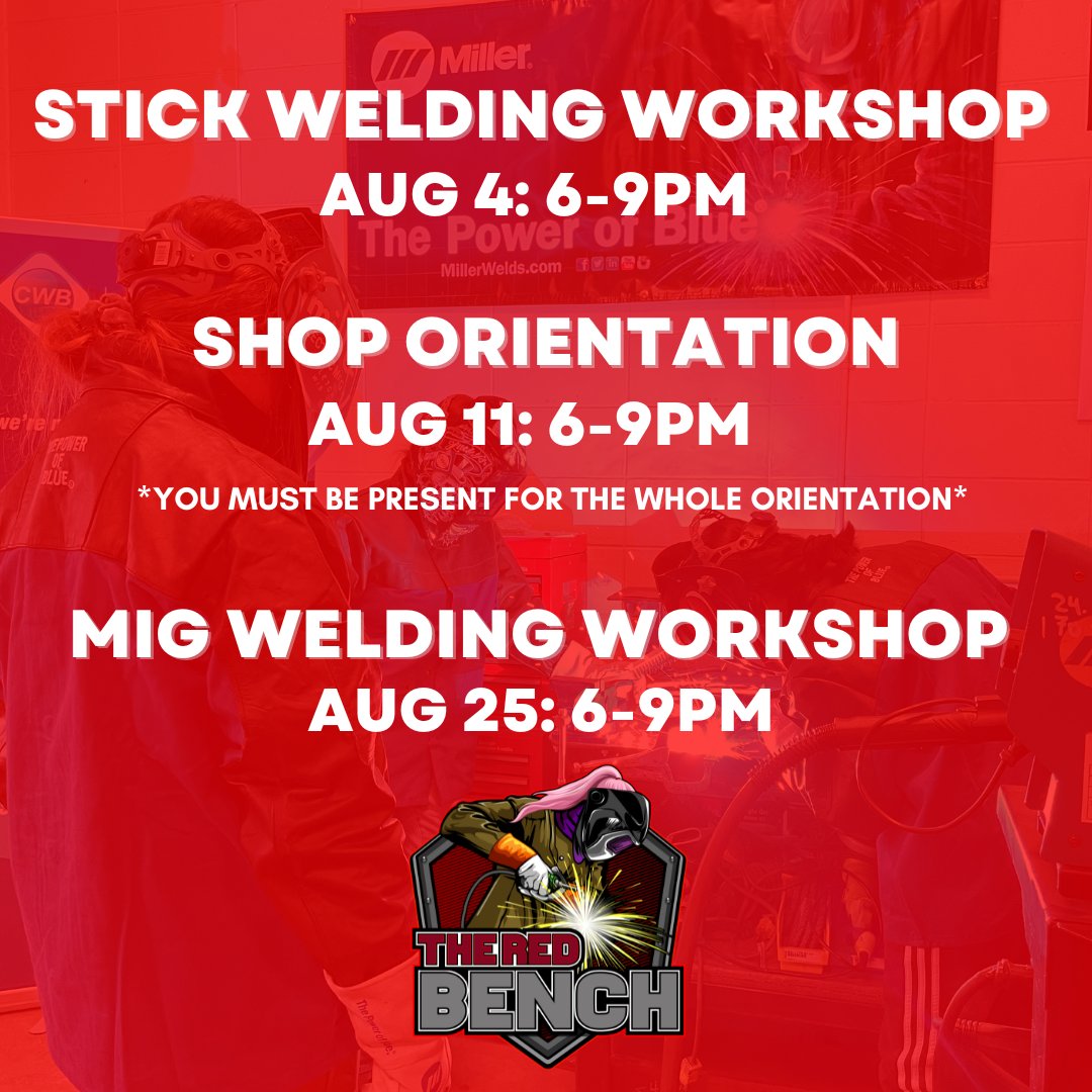 theredbenchyeg's tweet photo. AUGUST 2022 programming: welding workshops, shop orientation, and golf tournament! 👩‍🏭
 
Check out our Eventbrite to register 👉 
https://t.co/uG4NrMoLSq

#theredbenchyeg #weldingwomen #weldingdiversepeople #community #shoporientation #weldingworkhop #yeg https://t.co/Mwh92A2Zb8