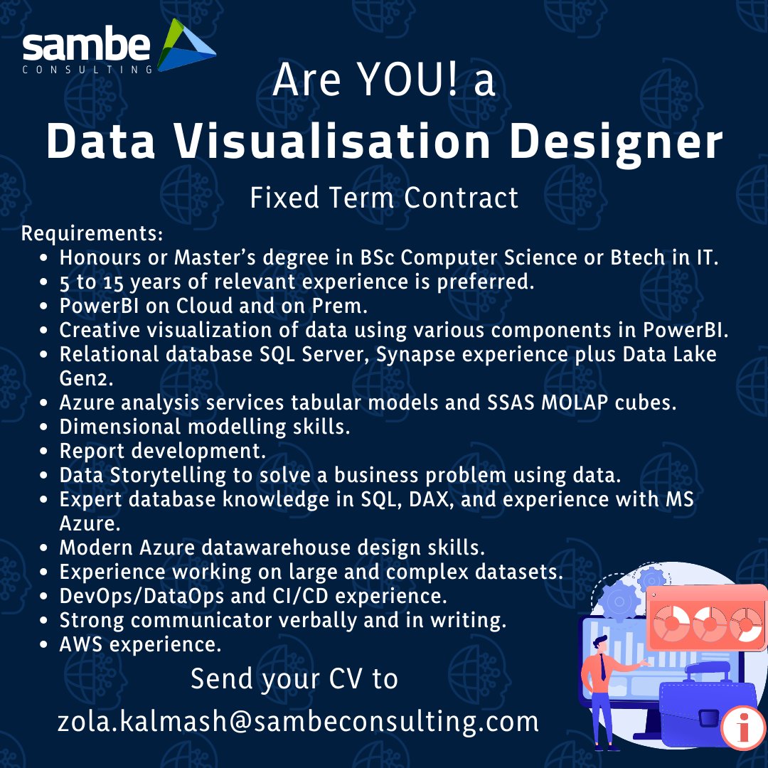 SambeConsulting's tweet photo. Are YOU a Data Visualisation Designer?
Then this might be the opportunity you have been looking for.

#nowhiring #datadesigner #availablepositions #Data #positionsavailable #fixedtermcontract #datavisualisation #datavisualisationdesigner https://t.co/SGoJ0cxMTL