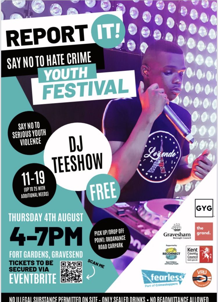 Tomorrow at Fort Gardens #Gravesend
Summer Youth Festival for 11 to 19 yr olds #ReportIt 4pm - 7pm Scan the QR Code on flier for tickets <a href="/DJTEESHOW/">Mr Friday Night</a> @GrandGravesend