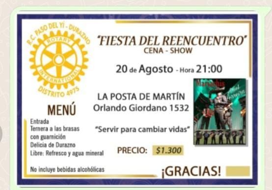 Para seguir con la tarea y el espíritu rotario, contamos contigo para este evento de colaboración.
Contáctate para la reserva de tu lugar!!! 
Disfrute y solidaridad en un solo lugar🎉🎉🎉