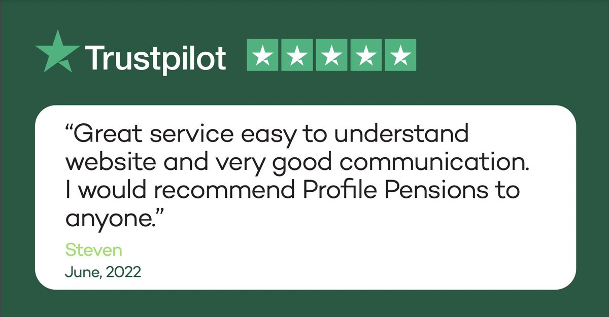 ProfilePensions's tweet photo. Thank you for the ⭐⭐⭐⭐⭐ star review, Steven! 

#5stareview #trustpilot #brighterfinancialfuture #privatepension #investing [Capital at risk] https://t.co/ymFjIamKNI