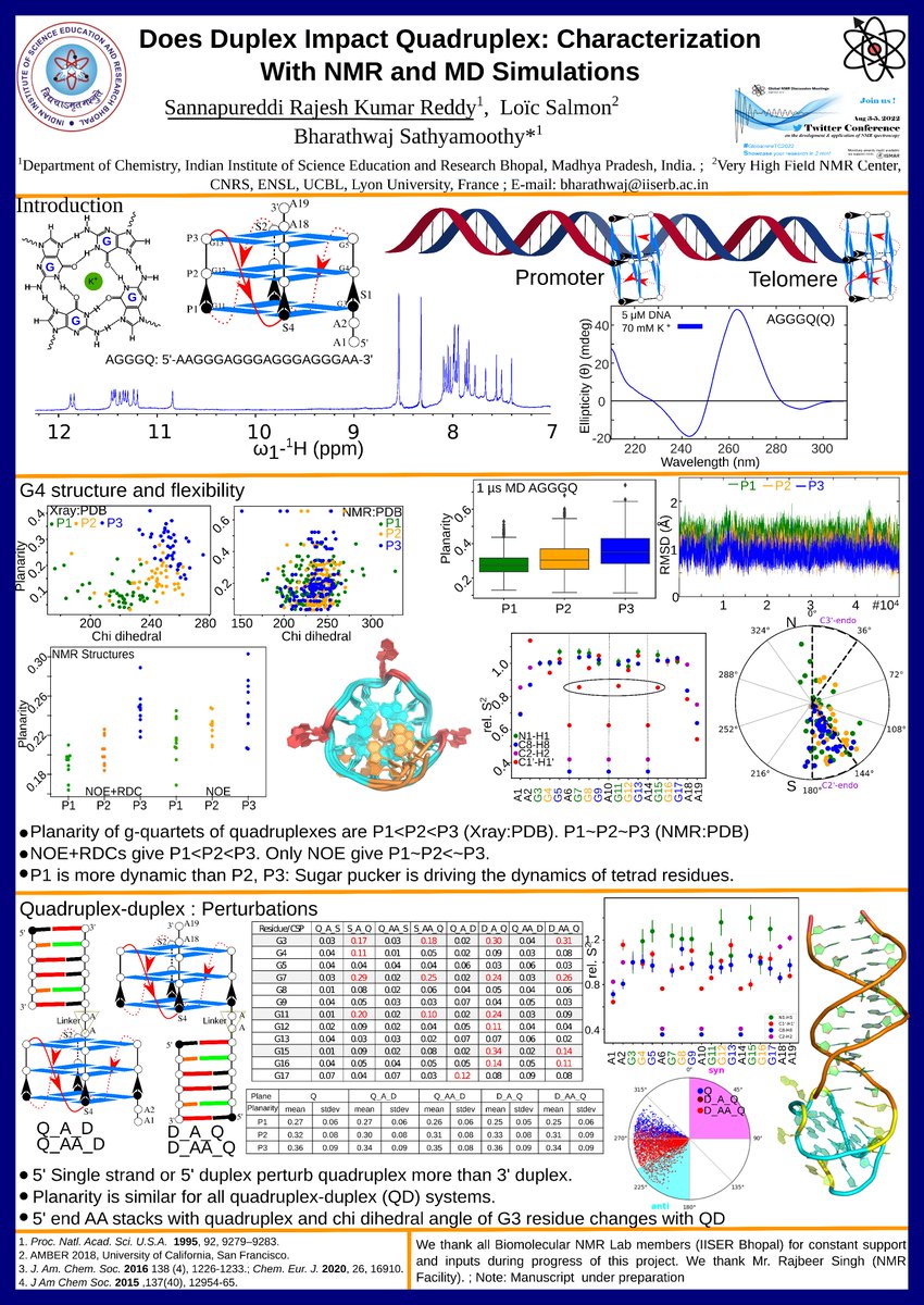 Rajesh Sannapureddi (@rr_sannapureddi) on Twitter photo How does duplex impact G4. Look at my poster for exciting work on Quadruplex-duplex.
#GlobalnmrTC2022
Thanks <a href="/bwajtweeting/">Bharathwaj Sathyamoorthy</a> for guidance and <a href="/iiserbhopal/">IISER Bhopal</a> <a href="/serbonline/">SERB</a> for facilities and funding. How does duplex impact G4. Look at my poster for exciting work on Quadruplex-duplex.
#GlobalnmrTC2022
Thanks <a href="/bwajtweeting/">Bharathwaj Sathyamoorthy</a> for guidance and <a href="/iiserbhopal/">IISER Bhopal</a> <a href="/serbonline/">SERB</a> for facilities and funding.