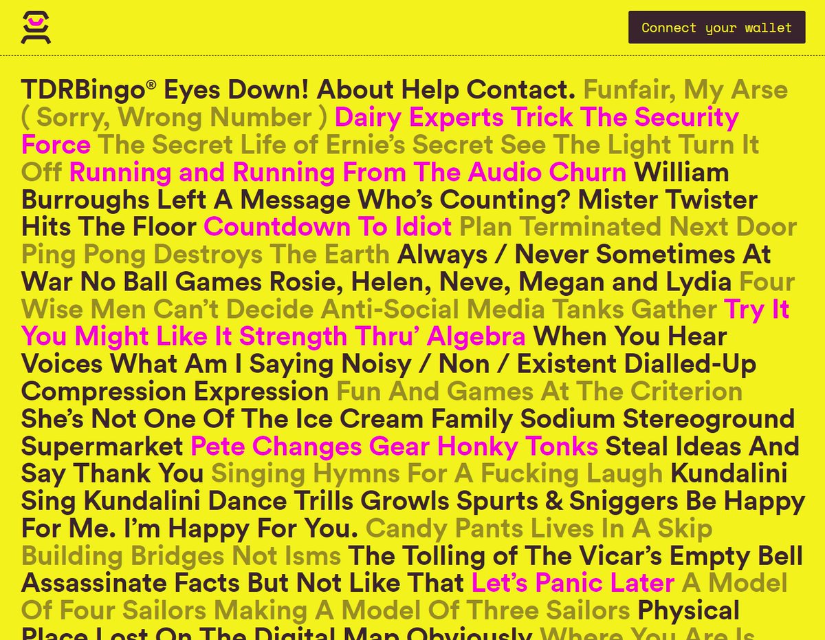 TDR_Bingo's tweet photo. // NFTs have individual titles which the TDRBingo® Browser releases in limited drops... 23 at a time - Invest Wisely!

Sale Now On -->
https://t.co/TS87FMEphM

PINK titles are available to *MINT NOW*!
BLACK titles are now Sold!
GREY titles are Coming Soon!

// ↓ https://t.co/7ZSBBDqcbq