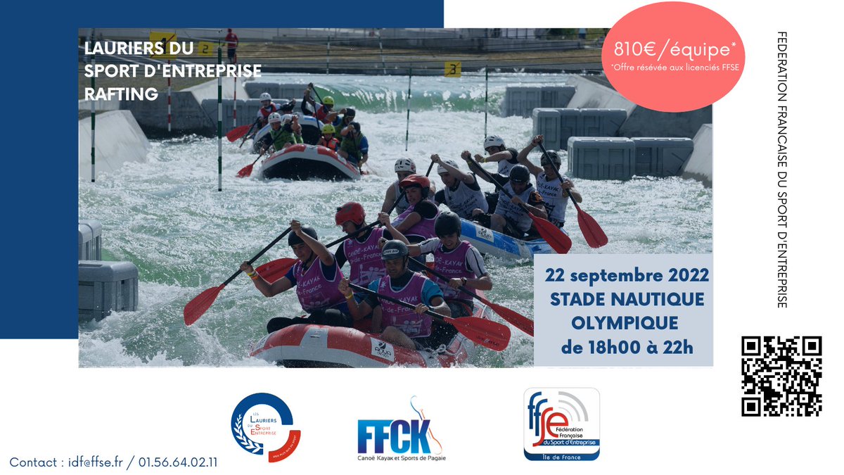 🚨 Le premier laurier de rafting débarque en IDF en partenariat avec la <a href="/FF_CanoeKayak/">FFCK</a>  🚨

Montez votre équipage de 6 et prenez part à la descente en eau vive du Stade Nautique Olympique 🚣

Rendez-vous le 22 septembre 📅

#FFCK #FFSE #RAFTING #SPORT #ENTREPRISE