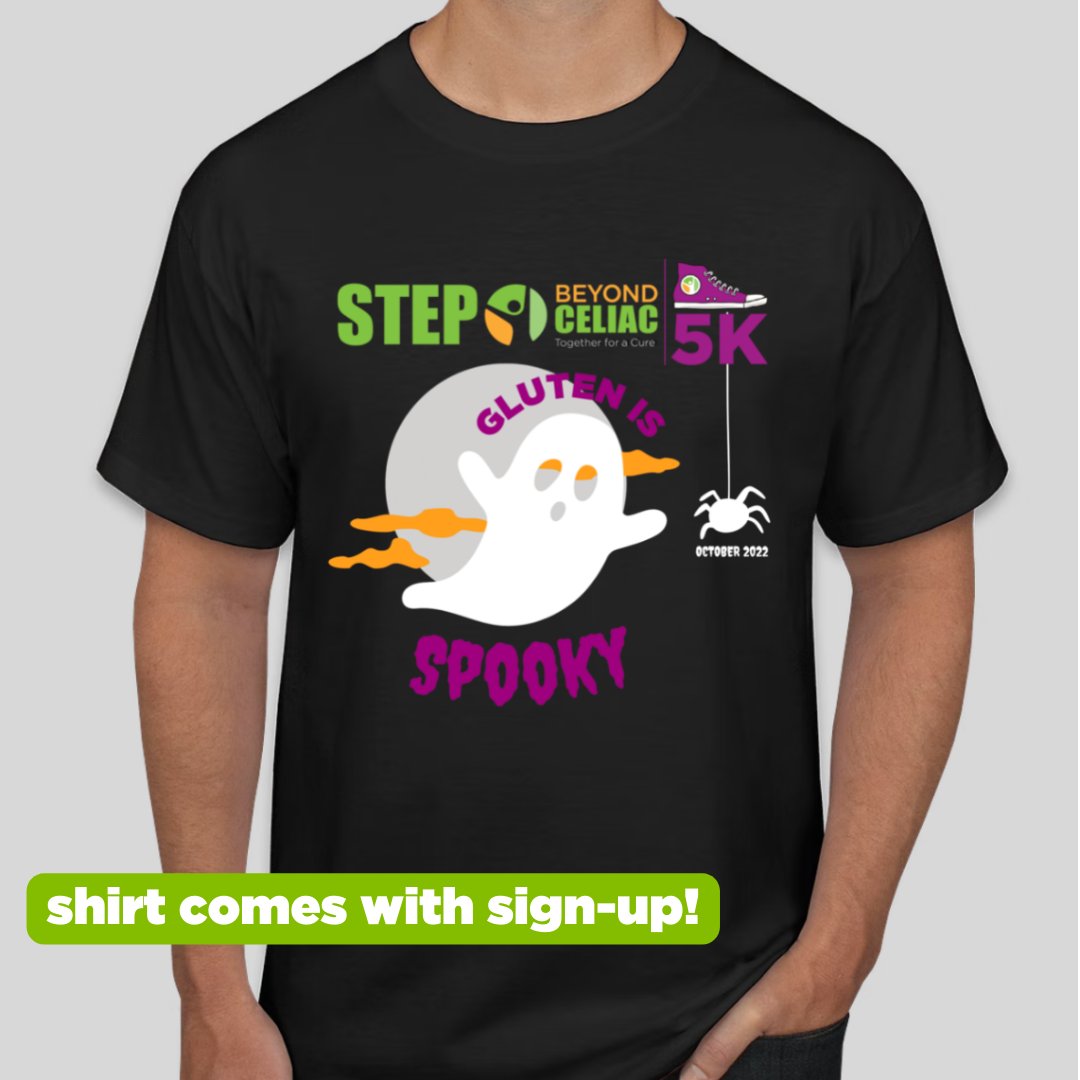 Registration is open for our in-person and virtual October Step Beyond Celiac 5K! Register by September 10 to receive the boo-tiful 2022 Step Beyond Celiac race tee, pictured below ⬇️ 

Learn more and sign up at hubs.li/Q01j4x4z0