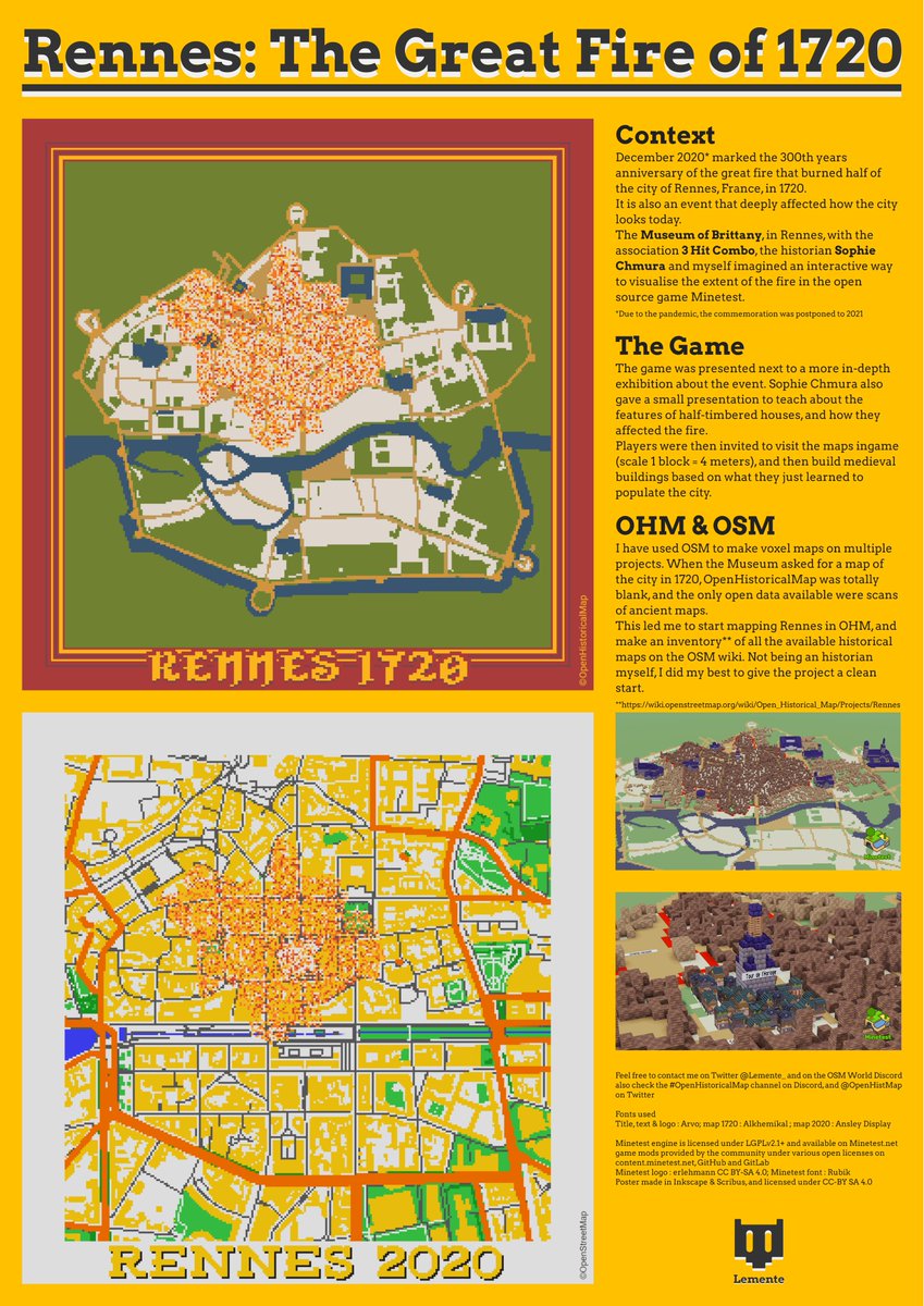 A last minute poster made for the @sotm 2022 about a project made in the open source game #Minetest with @3hitcombo (@thomatefarcie, @ciremya & co) and @SophieChmura for the @museedebretagne in #Rennes (France) with @OpenStreetMap and @OpenHistMap datas.