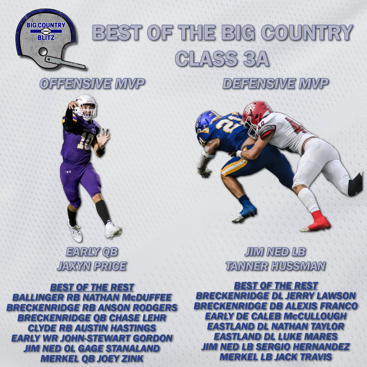 3A Best of the Big Country:

Early QB Jaxyn Price 
Jim Ned LB Tanner Hussman

bigcountryblitz.com/blog-2/3a-best…