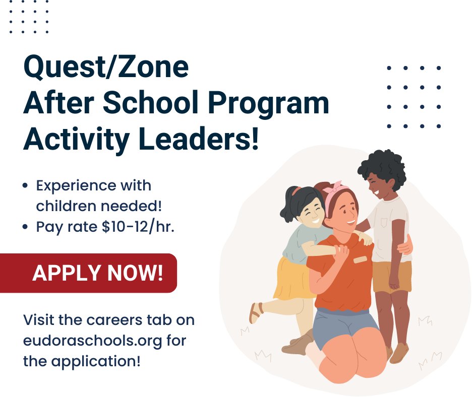 EudoraSchools's tweet photo. Looking for a part time job after school working with our great students? Check out https://t.co/nILTllx7Hu to apply for the Quest/Zone activity leader position! https://t.co/YVvUaYaMiR