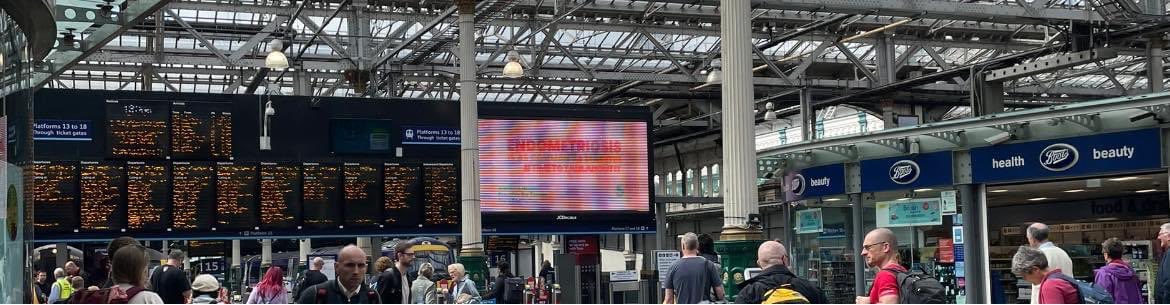 This is monumental 🫶🎗Edinburgh Waverley this morning ! As common as diabetes #TimeToTalkAboutIt #endometriosis huge thanks to our admin Koren for getting the pic 🎗🌼 image was also shown before the #neighbours finale 🎗#endowarrior