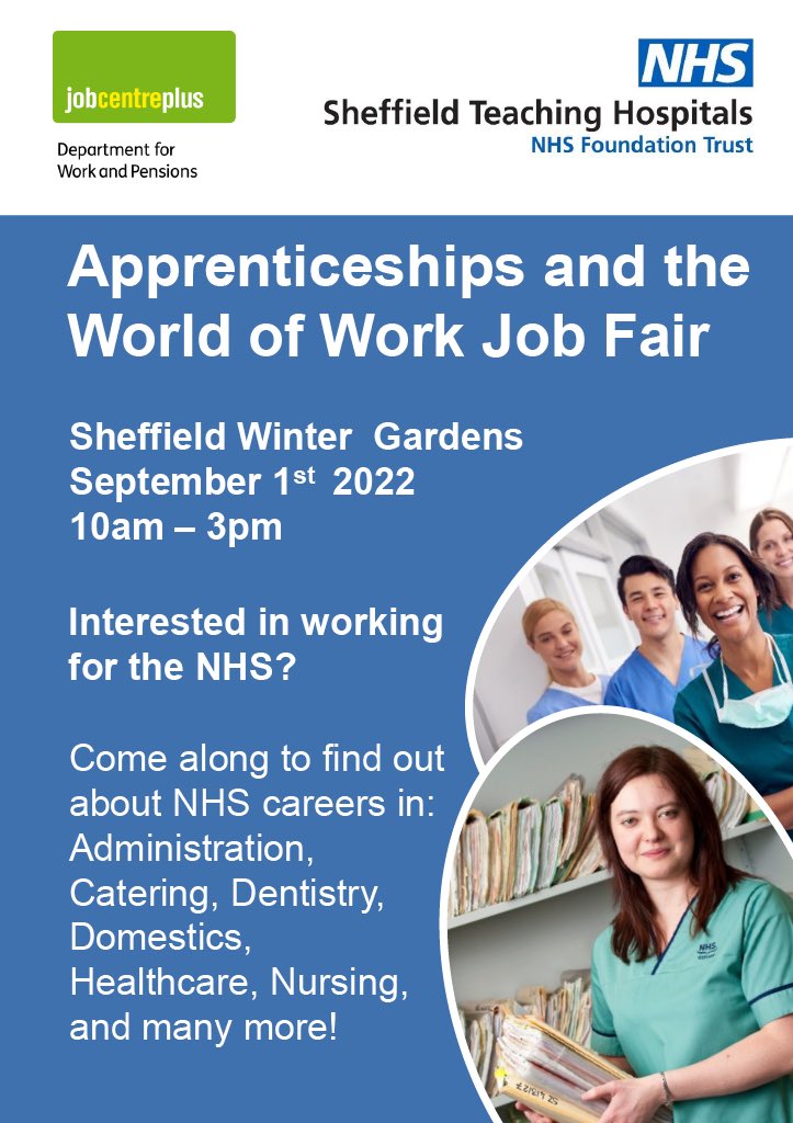 .<a href="/SheffieldHosp/">Sheffield Hospitals</a> Apprenticeships and the World of Work Job Fair 1.09.22

Head down to Sheffield Winter Gardens on 1.09.22 to find out about the NHS Careers available to you here in Sheffield!

#BiggestJobSectorInSY