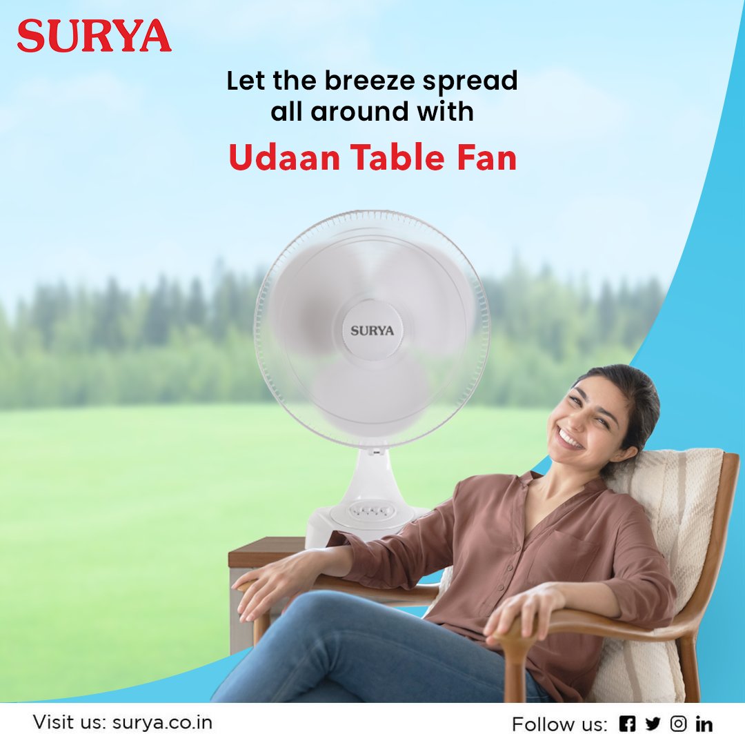 surya_roshni's tweet photo. Sit and relax in your room full of cool breeze. Bring home Surya Udaan Table Fan.
Visit- https://t.co/Pmd6tmwtM4
#surya #suryaroshni #suryafans #suryalighting #suryatablefans #tablefans #udaantablefan #coolair #freshbreeze #cooling #udaan https://t.co/GSaZ7yzjiw