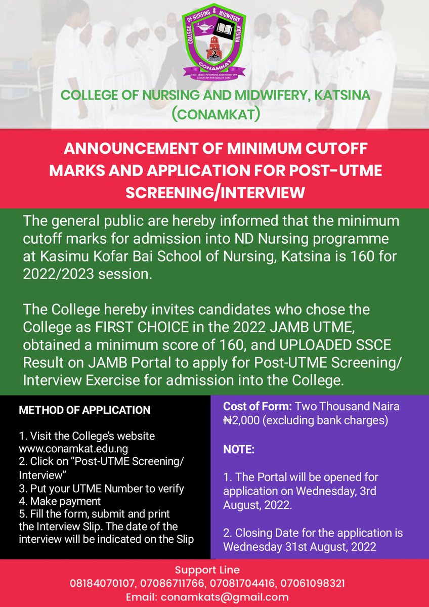 conamkat's tweet photo. Announcement of Minimum Cutoff Marks and Application for Post-UTME Screening/Interview
Visit https://t.co/3eKc752xu8 for details https://t.co/cX91GRkZAX