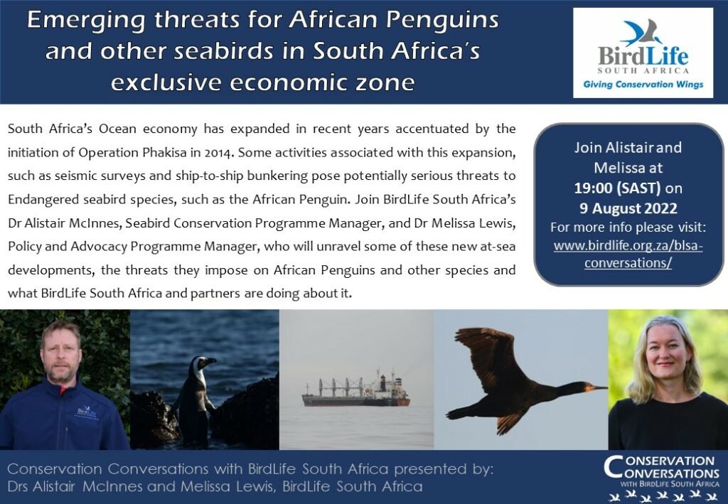 South African Network for Coastal&Oceanic Research (@sancorcommunity) on Twitter photo Webinar by Dr Alistair McInnes and Melissa Lewis
<a href="/BirdLife_SA/">BirdLife South Africa 🇿🇦</a>
Emerging threats for African Penguins and other seabirds in South Africa's exclusive economic zone
9 August 2022 | 19h00 SAST
birdlife.org.za/blsa-conversat… Webinar by Dr Alistair McInnes and Melissa Lewis
<a href="/BirdLife_SA/">BirdLife South Africa 🇿🇦</a>
Emerging threats for African Penguins and other seabirds in South Africa's exclusive economic zone
9 August 2022 | 19h00 SAST
birdlife.org.za/blsa-conversat…