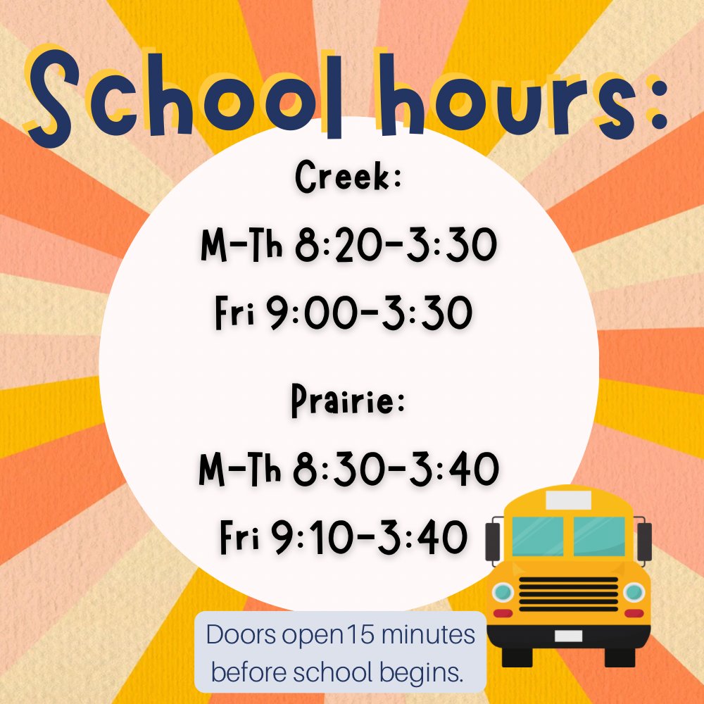 Piper Creek and Piper Prairie School hours 2022-2023: