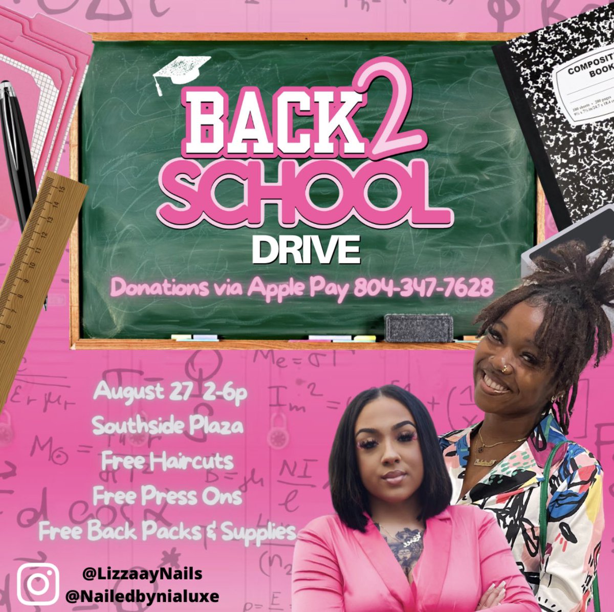 LizzaayNails's tweet photo. If you’re interested in donating supplies, funds or services please contact me via text 804-347-7628 💗

#backtoschool #schooldrive #schoolsupplies #schoolshopping #backtoschooldrive #nailinspo #nailtech #dmvnails #rvanails https://t.co/n0q0Keiur5