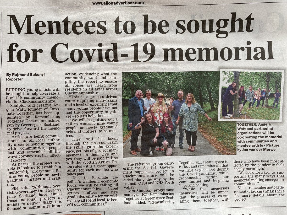 In todays @alloatiser 😁
We are so excited to be the #Clackmannanshire partner for the #RememberingTogether #CovidMemorial project with @greenspacescot and @scotgov 
Pls rt 💕
@ClacksCouncil @AlloaFirst @UNAAlloa @AlloaCC @clacksCTSI @NHSForthValley 
@PositiveClacks 😁