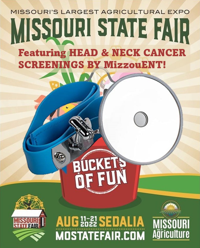 We will be at the Missouri State Fair  screening for oral and neck #cancer! Find us at the MU Health Pavilion.
<a href="/hncalliance/">Head and Neck Cancer Alliance</a> <a href="/mostatefair/">Missouri State Fair</a> <a href="/muhealth/">MU Health Care</a>
