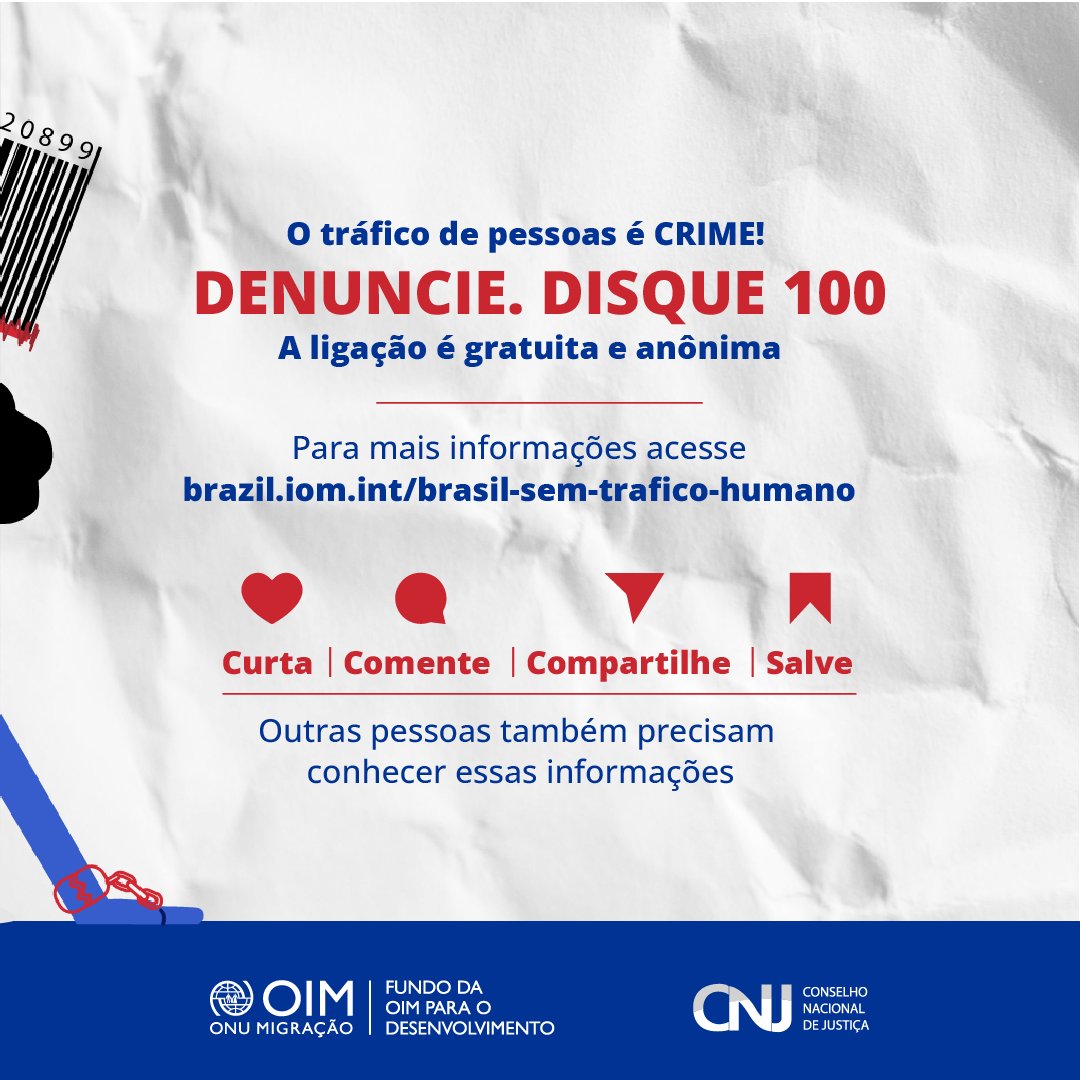 OIMBrasil's tweet photo. Você sabia? 
O aliciamento para o tráfico de pessoas tem várias finalidades: exploração sexual, sequestro de crianças, trabalho escravo, extração de órgãos, entre outras.
Se você suspeita de algo, denuncie! #Disque100📞
A ligação é gratuita e anônima.
@CNJ_oficial https://t.co/Q1q9PnBVX6