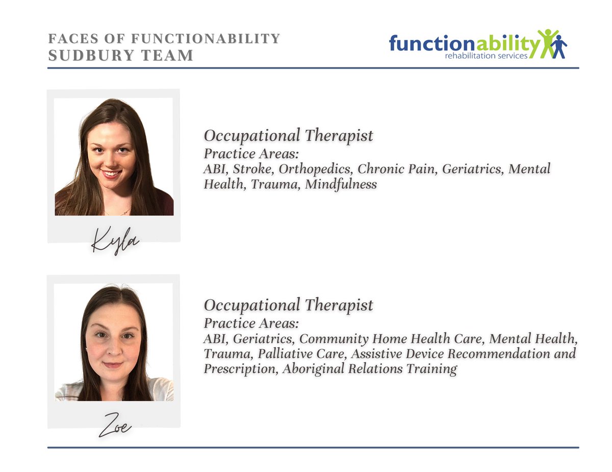fa_rehab's tweet photo. Did you know we have a skilled team of Occupational Therapists in the Sudbury area? OTs Kyla and Zoe provide assessment and treatment services to clients in Sudbury and surrounding areas in Northern Ontario. Contact us for more information!
#FacesofFunctionAbility #Sudbury https://t.co/PhHpzL9OxF