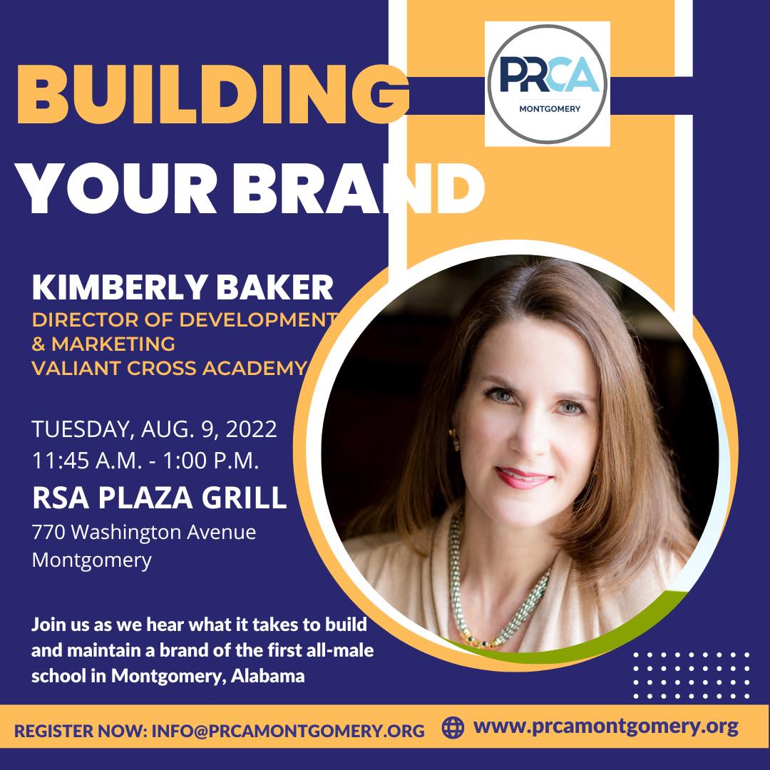 prcaMGM's tweet photo. PRCA Montgomery welcomes our August speaker, Kimberly Baker, Director of Development and Marketing with Valiant Cross Academy.

🗓️Join us on Tuesday, 8/9! 
⏰ 11:45 Networking, Noon Meeting
📍RSA Plaza Terrace, 777 Washington Ave.
📌Register now: https://t.co/P4g62hB5lO https://t.co/x6CZ9EJHjE