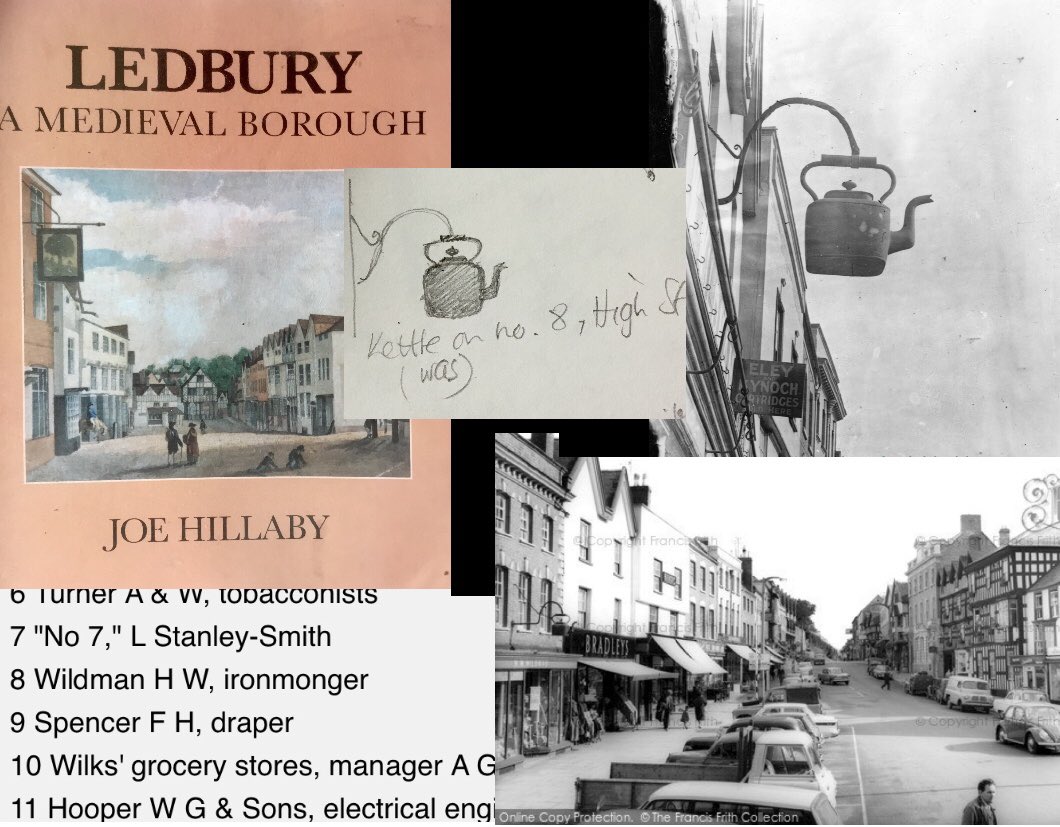 katyalston's tweet photo. Playing 🕵🏻♀️ I found a ref. to a ‘sign of an iron kettle' to include in my #map of #Ledbury but where did it hang? I looked photos of #AlfredWatkins (yes him!)& found one with the kettle 🤓 But had to check which building…found! ✅ Thanks to FrancisFrith #herefordshire https://t.co/q9sT4hFqRi