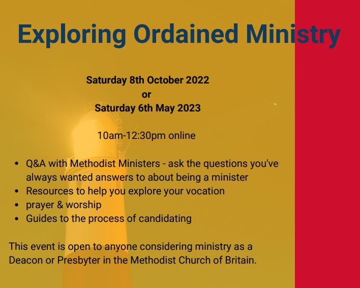Ever  wondered if being a Methodist minister is the life God is calling you to?
Got questions and you're not sure who to ask?

We've got the event for you...

Booking open for October date ow.ly/FWNZ50K6jXC