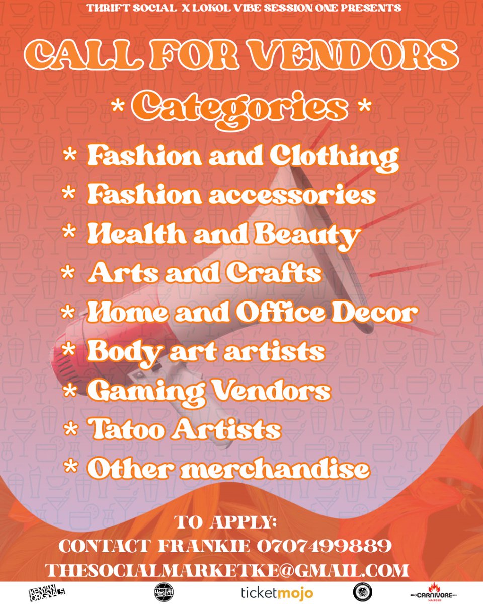 Vendors🤝🏾 Thriftsocial Gigs. 

Here is yet another amazing opportunity to become a vendor for the Brunch Flux in the categories mentioned on the poster. 

Send us an email or call Frank to book your slot ASAP! 

#TheBrunchFlux
#ThrifsocialNairobi
#KenyanOriginals
#VibeLokol