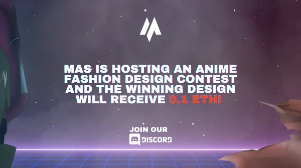 LOVE ANIME? 
. 
We are giving away 0.15 ETH (250 USD) to the best talent out there. Join discord to know more. 
.
discord.gg/mas-fashion

.
#gm #NFTCommunity #anime #animefanart #fashiondesign