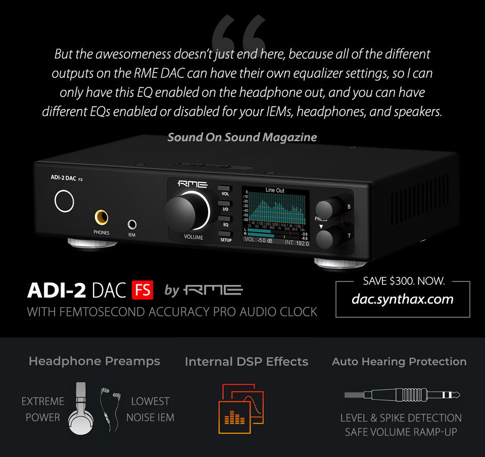 RME_Americas's tweet photo. RME ADI-2 DAC FS: Summer of Music Special
$999 - 25% off. For a limited time.
Claim your DAC here: https://t.co/DdkYX1uEB0
#rme #rmeaudio #rmeaudiousa #adi2profs #adi2dac #adi2fs #dac #hifi #hifiporn #dsd #mastering #audioporn #steadyclockfs #headphones #headphones🎧 https://t.co/aqnXLf3vXY