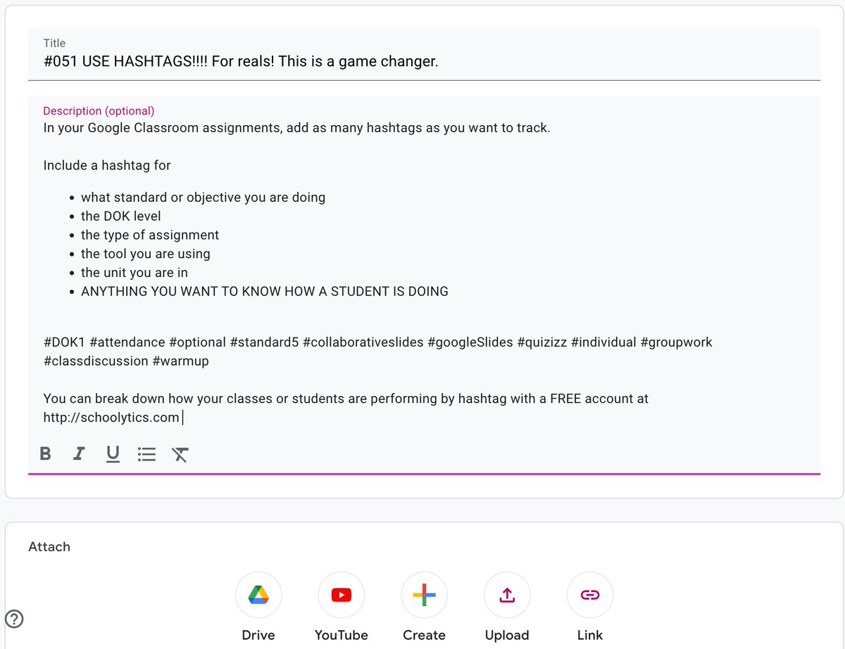 alicekeeler's tweet photo. THIS YEAR! Be sure to HASHTAG all of your assignments!! In Google Classroom add a LOT of hashtags to the description of each assignment so you can break down how your classes and students are performing

Use  FREE https://t.co/6tPsqG3aHJ

#googleEDU #GoogleClassroom @schoolytics https://t.co/V7tTY5vqU7