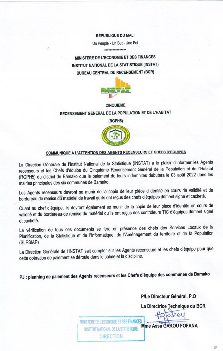 RGPH5MALIBCR's tweet photo. Communiqué de l'#INSTAT à l'attention des Agents recenseurs et Chefs d'équipe du #RGPH5 relatif au paiement de leurs indemnités. Pour accéder au planning de paiement, merci de suivre ce lien 👇
https://t.co/plFUlVGNde https://t.co/cIC4ToImR0