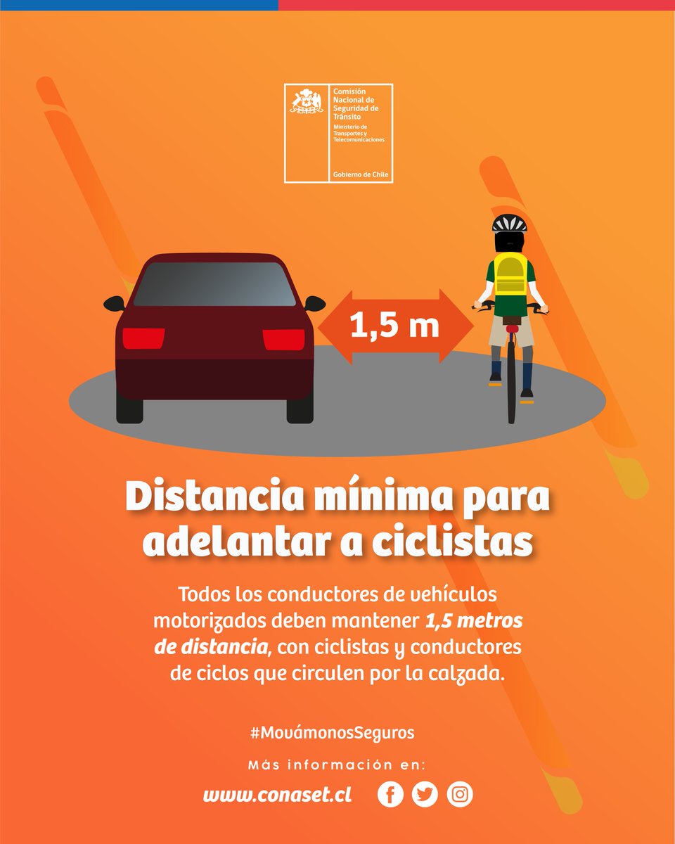 🚦La Ley de Tránsito dice que, si no hay ciclovía, los ciclos deben circular por la calzada.
Los ciclistas deben cumplir con las normas y los conductores de vehículos motorizados deben moderar la velocidad y mantener la distancia de adelantamiento➡️1,5 mt 🚘↔️🚴‍♀️
#MovámonosSeguros