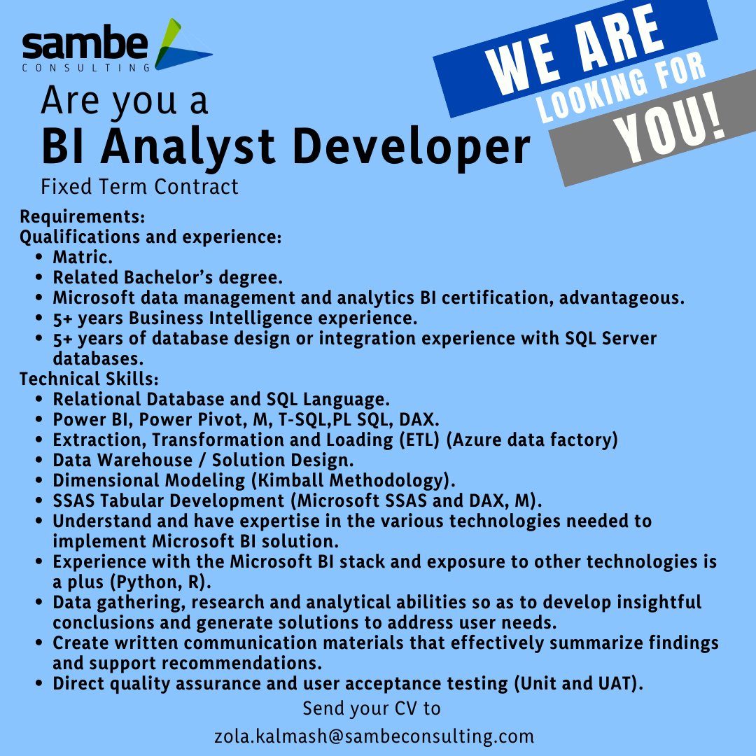SambeConsulting's tweet photo. Are YOU a BI Analyst Developer?
Then this might be the opportunity you have been looking for.

#nowhiring #BIAnalyst  #availablepositions #bianalystdeveloper #positionsavailable #fixedtermcontract #analyst #analystpositions https://t.co/UYJW5qb2Fo