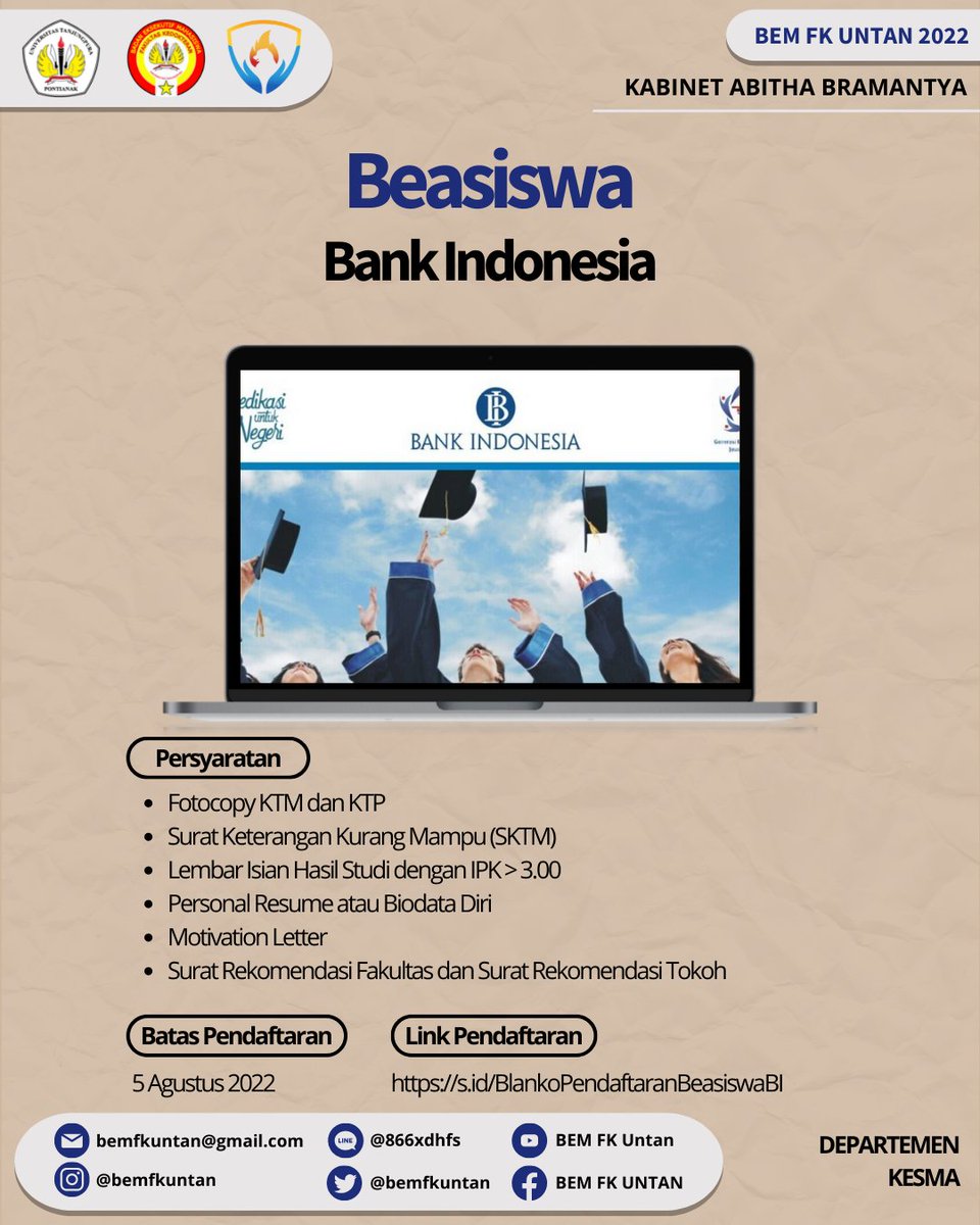 bemfkuntan's tweet photo. ⛔[INFO BEASISWA - KESMA BEM FK UNTAN]⛔
⭐Beasiswa Bank Indonesia⭐ 

Beasiswa Bank Indonesia adalah salah satu beasiswa yang paling populer di kalangan mahasiswa. Pasalnya, beasiswa ini mempunyai jangkauan yang cukup luas dan menawarkan bantuan dana serta program yang menarik. https://t.co/wczMIbXFZz