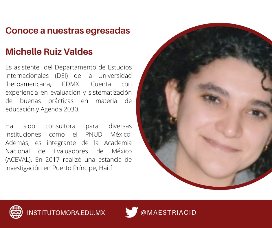 maestriacid's tweet photo. Les presentamos el perfil de nuestra #egresadxMCID Michelle Ruiz, con experiencia en materia de #educación y #Agenda2030, integrante de @Acevalmx.
#EstoEsElMora #MCID #CooperaciónInternacional https://t.co/7mjuzNb1i1