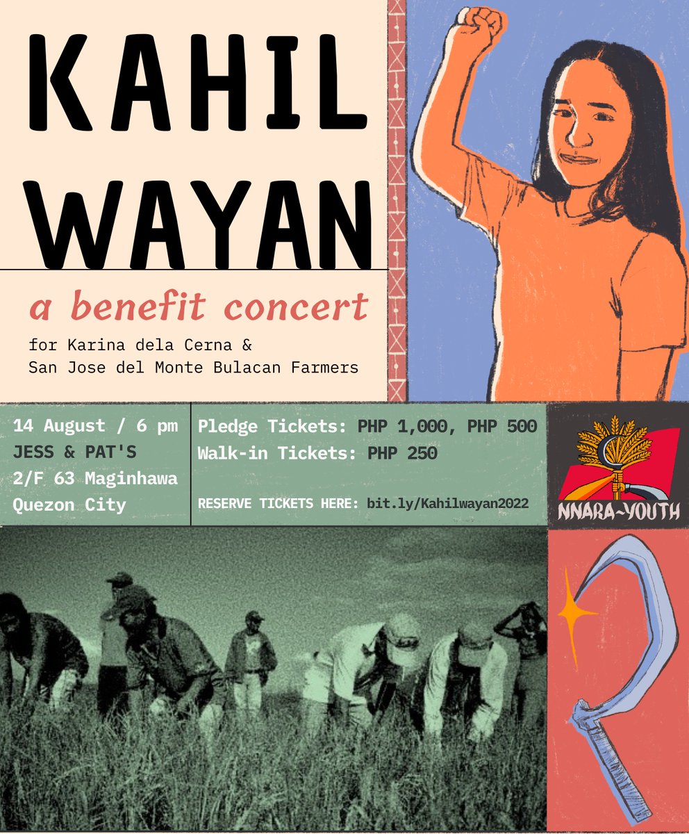 ✨KAHILWAYAN 2022✨

NNARA-Youth will be celebrating our 27th Anniversary by holding a fundraising concert on Aug 14, 5-10pm at Jess &amp; Pat's.

Proceeds will go to the Free Karina Campaign &amp; farmers from Bulacan. #FreeKarina #StandWithFarmers

Get your tix! bit.ly/Kahilwayan2022
