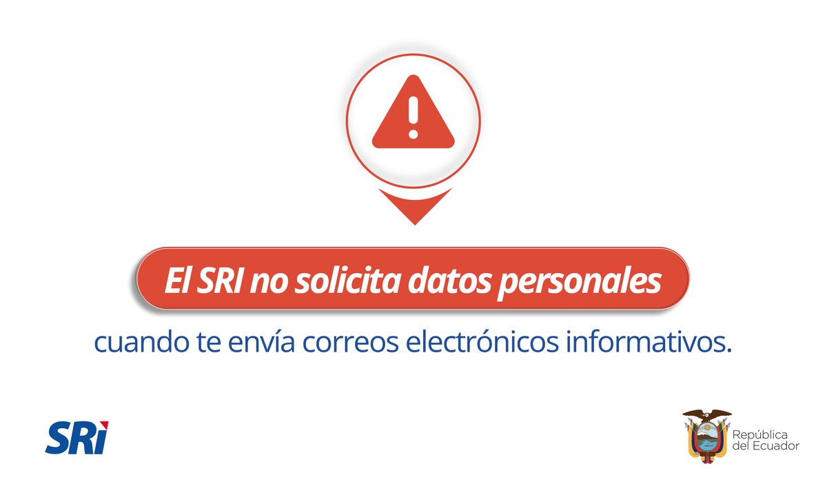 SRIoficialEc's tweet photo. ¡No caigas en trampas! 

Desconfía de:
❌ Correos electrónicos ✉️. 
❌ Enlaces 🔗. 
❌ Archivos 📁
enviados desde fuentes desconocidas, ya que podrían suplantar el nombre del @SRIoficialEc. https://t.co/CrLJH63gk4