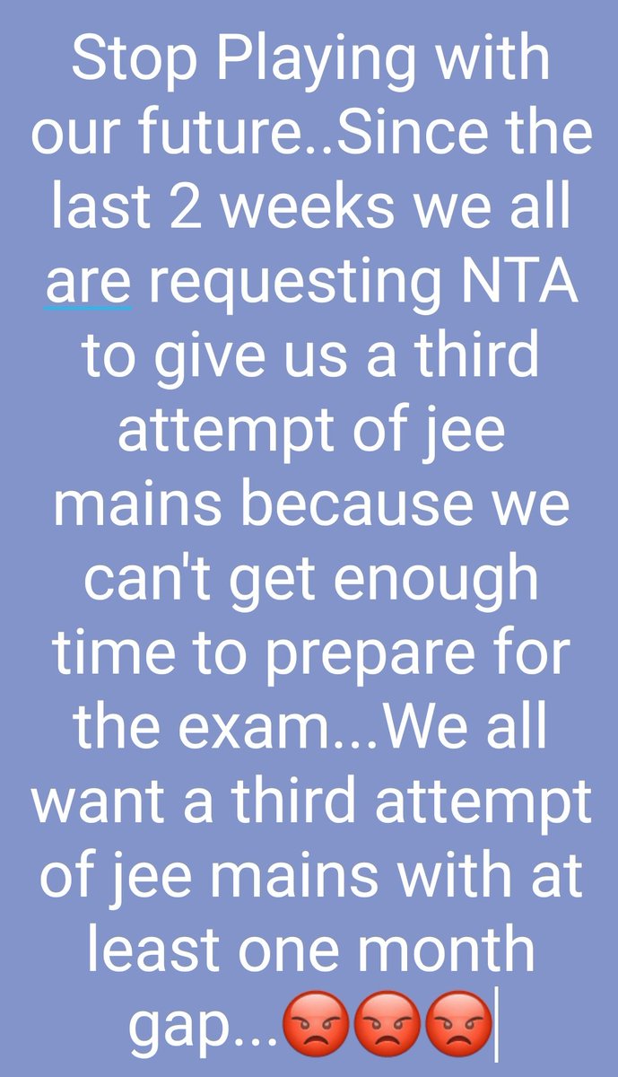 MdTaaha8's tweet photo. #JEEAspirantsFutureMatters
#JEEMainsThirdAttemptForAll 
@DG_NTA @EduMinOfIndia give us a third attempt to everyone with a sufficient gap so that we can prepare... Don't play with our future...You all have conducted JEE MAINS with too many technical glitches... conduct a fair exam https://t.co/iMkpMRW4fg