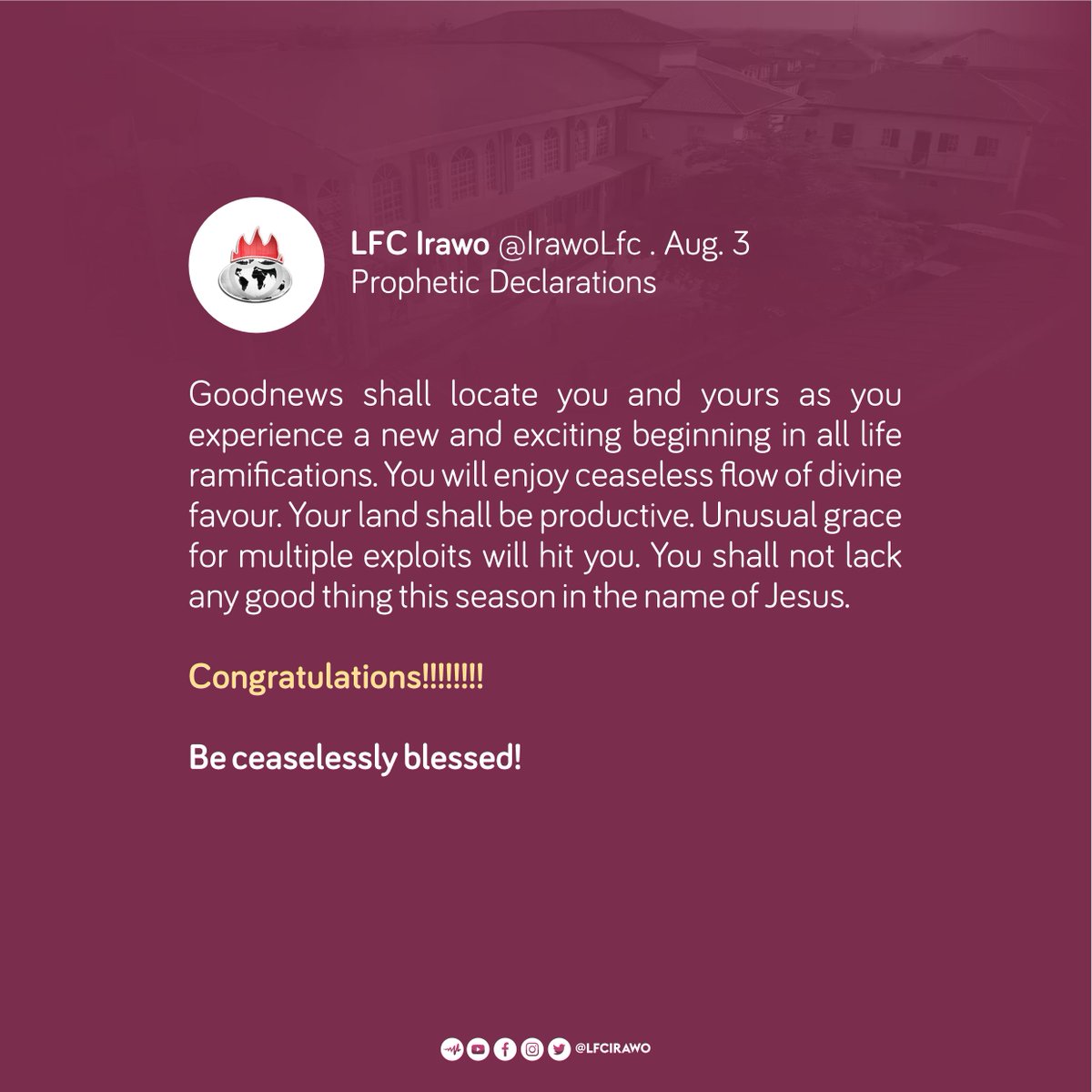 LFC_Irawo's tweet photo. #DailyPropheticDeclaration #lfcirawo #WinnersChapelIrawo #Wednesday
. https://t.co/5RGYmuWcmw