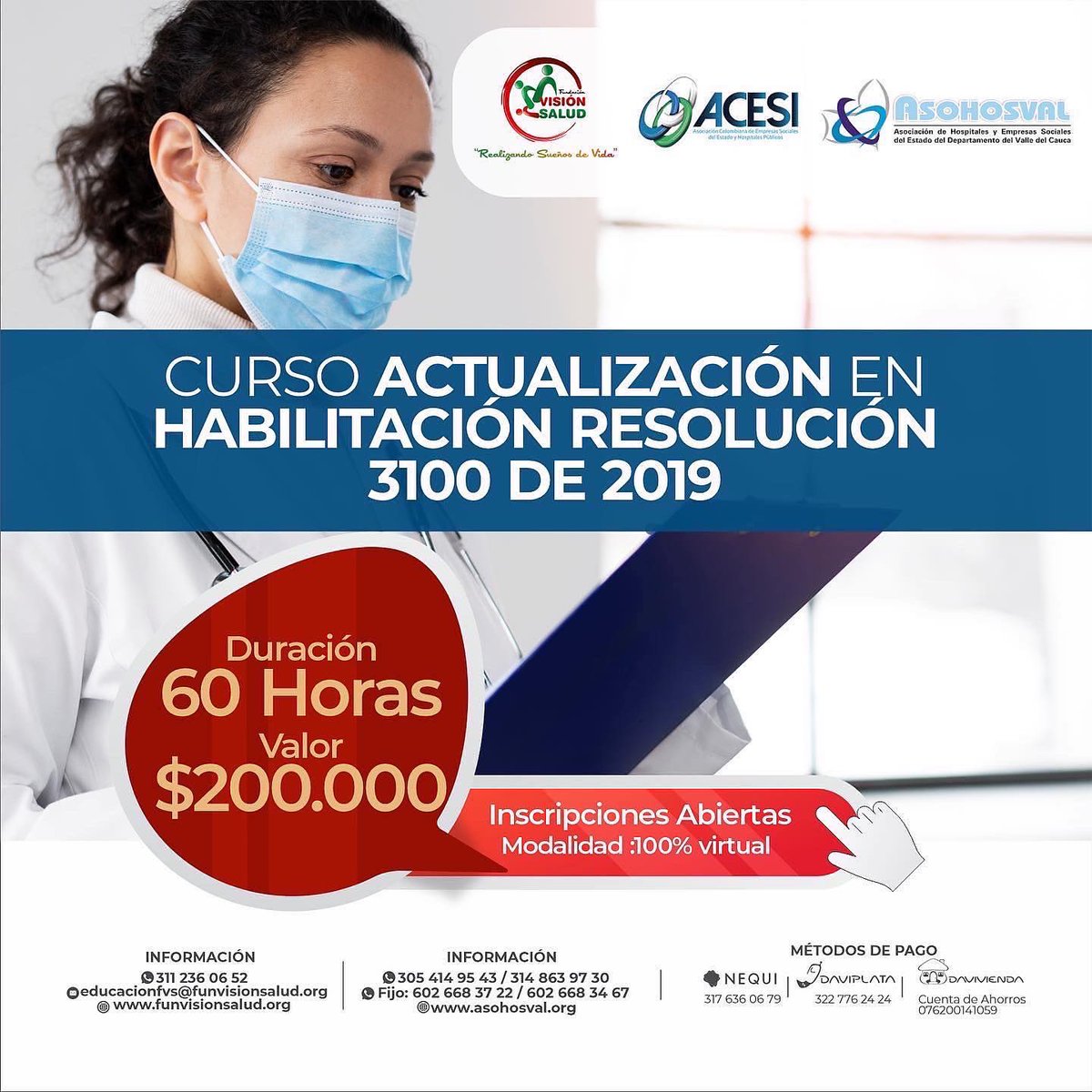 FUNVISIONSALUD's tweet photo. Cursos disponibles: Actualización de Habilitación Resolución 3100 de 2019 y PAMEC, modalidad virtual, capacítate y fortalece competencias laborales! Inscríbete hoy aquí —-> https://t.co/tAgAaGkoqE https://t.co/kYTuxtUl35