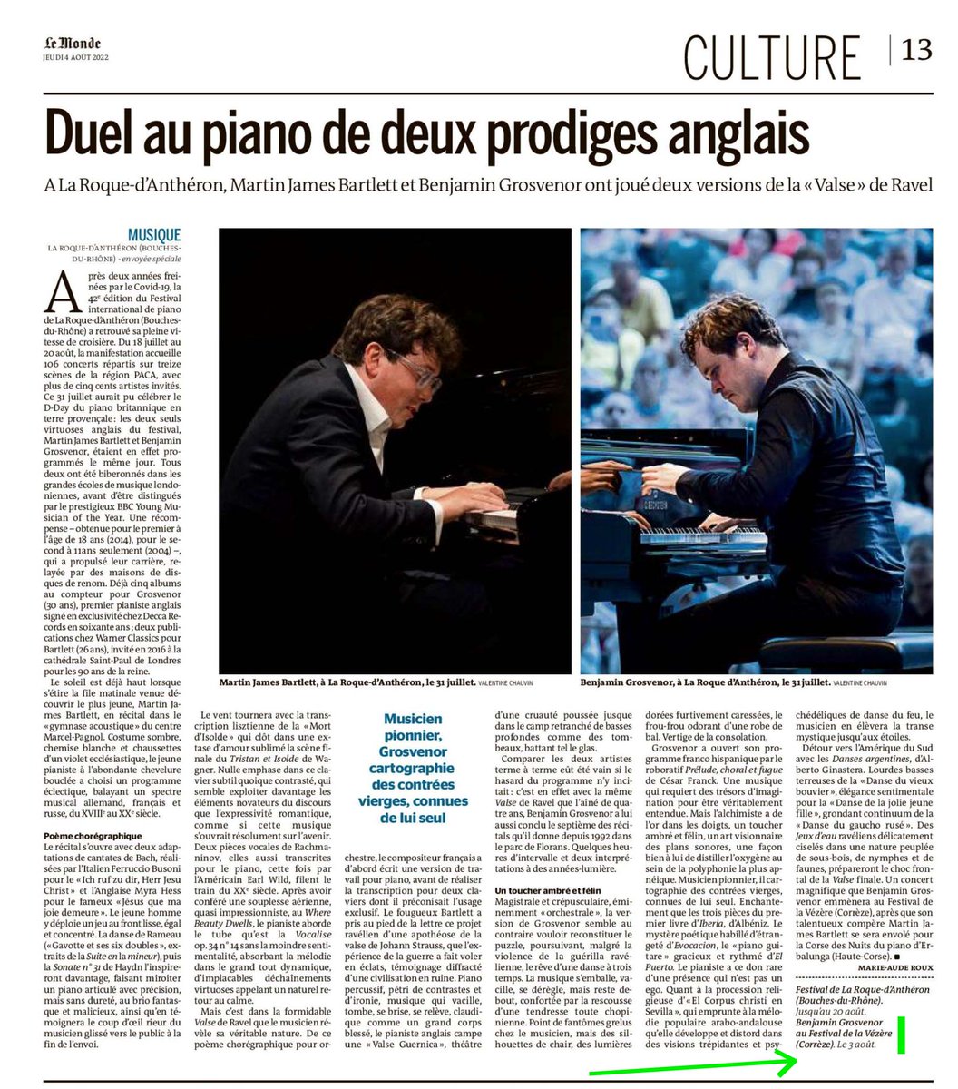 festivalVezere's tweet photo. Le Monde annonce le récital de #piano de Benjamin #Grosvenor ce soir au Festival de la Vézère. Rdv à 20h au Château du Saillant. Billetterie en ligne https://t.co/WX8vh9eA1d ou sur place. @lemondefr @grosvenorpiano @FlorencePetros @gaillard100
#41eFDV #festival https://t.co/TG625lex4m