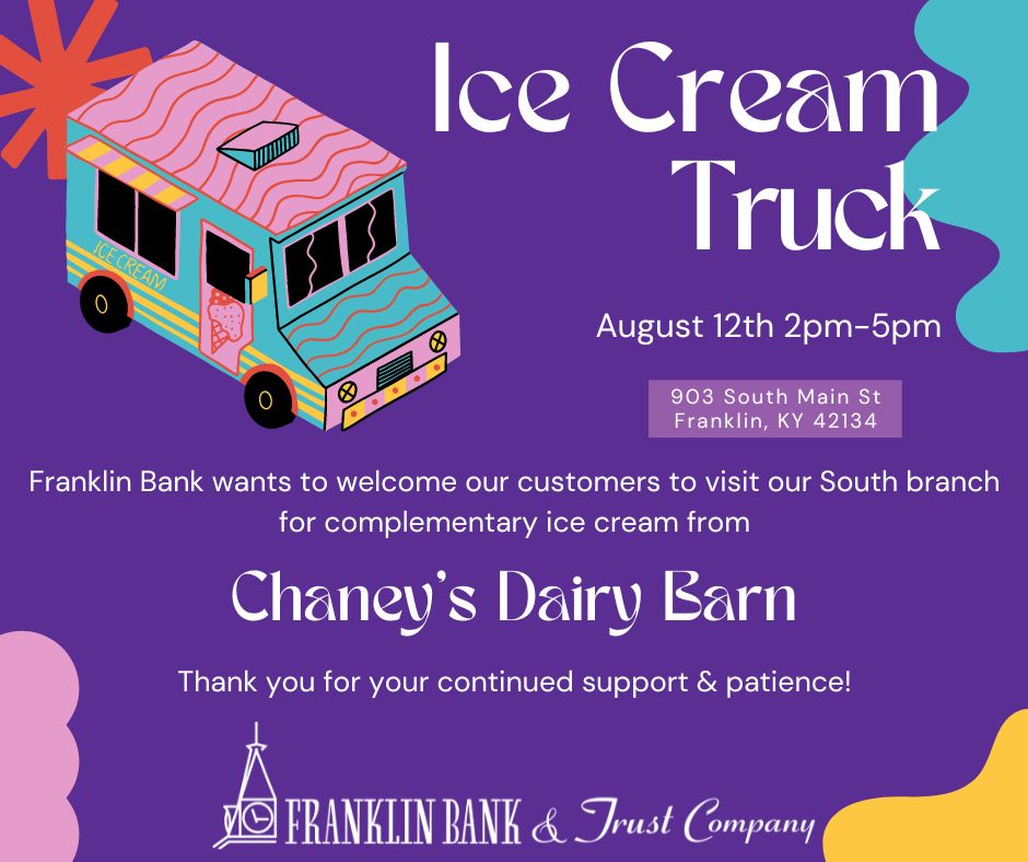 FranklinBankKY's tweet photo. It is about that time... another Food Truck Friday is coming NEXT FRIDAY! Please come visit us across from our South branch for a scoop of ice cream on us from 2pm-5pm ☺️ We will see you there! https://t.co/sm55Z9ckQk