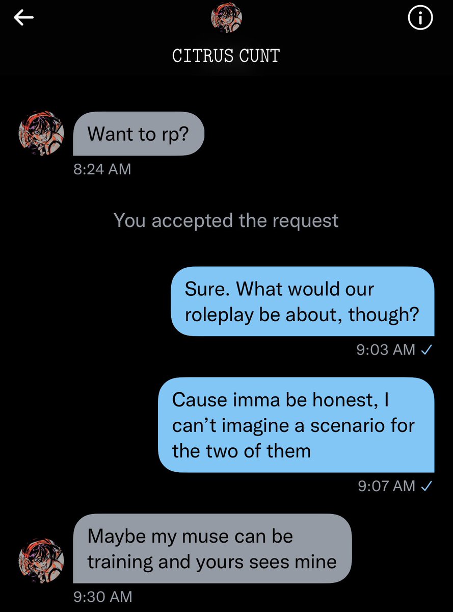 QUEENOFGEISHAS's tweet photo. // Update: I know I shouldn’t be posting more about this, but I need an outlet because this shit INFURIATED ME. 

Idk if they knew I was the same person, but this mf messaged me on my Eri account (Eri is 7, mind you) and asked to rp. 

This was our conversation. https://t.co/oaqpqnG3Jc