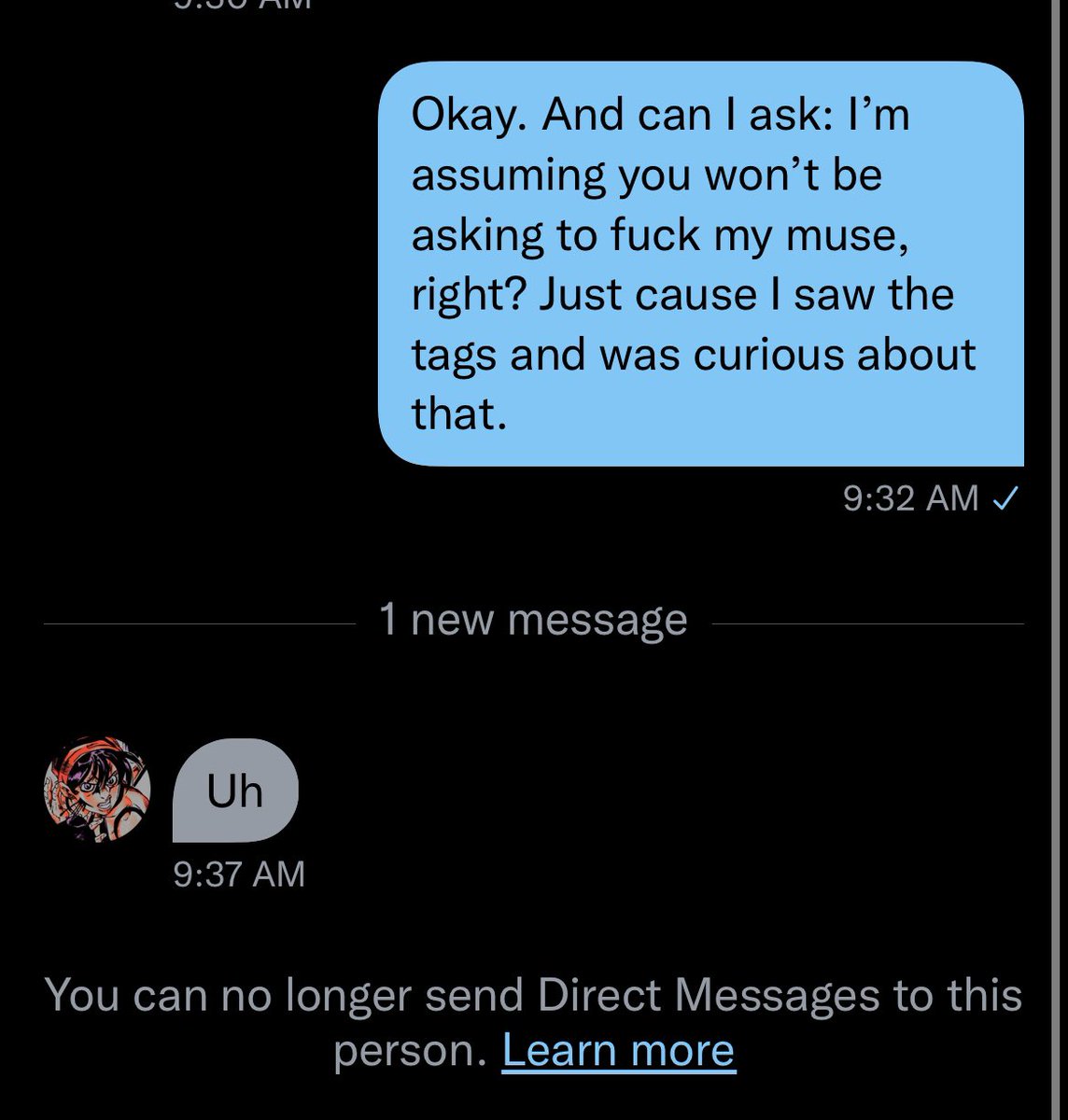 // Update: I know I shouldn’t be posting more about this, but I need an outlet because this shit INFURIATED ME. 

Idk if they knew I was the same person, but this mf messaged me on my Eri account (Eri is 7, mind you) and asked to rp. 

This was our conversation.