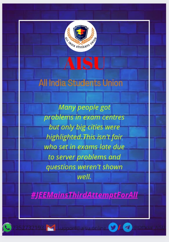 pkkj2606's tweet photo. #JEEMainsThirdAttemptForAll
Students faced Many problems in there 1st &amp;2nd attempt (Server issue) 
* Floods in Assam
* Center changes at last moment 
And many more
We want a fair chance so please grant us an extra attempt 
@DG_NTA
@EduMinOfIndia https://t.co/lqWeU8uir7