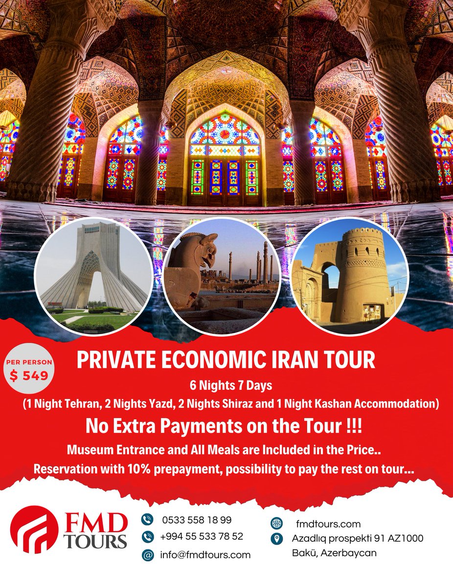 Azerbaycanturu's tweet photo. KİŞİYE ÖZEL İRAN TURU
Tur Programları ve detaylı bilgi 👇🏿
https://t.co/LRIdiTtAFo #Iran #Iranian #iranturu #iranturları #Tehran #tahran #fmdtours #yazd #shiraz #tur #tour #Tours #travel #seyahat #ekonomiktur https://t.co/x6VWtP693V