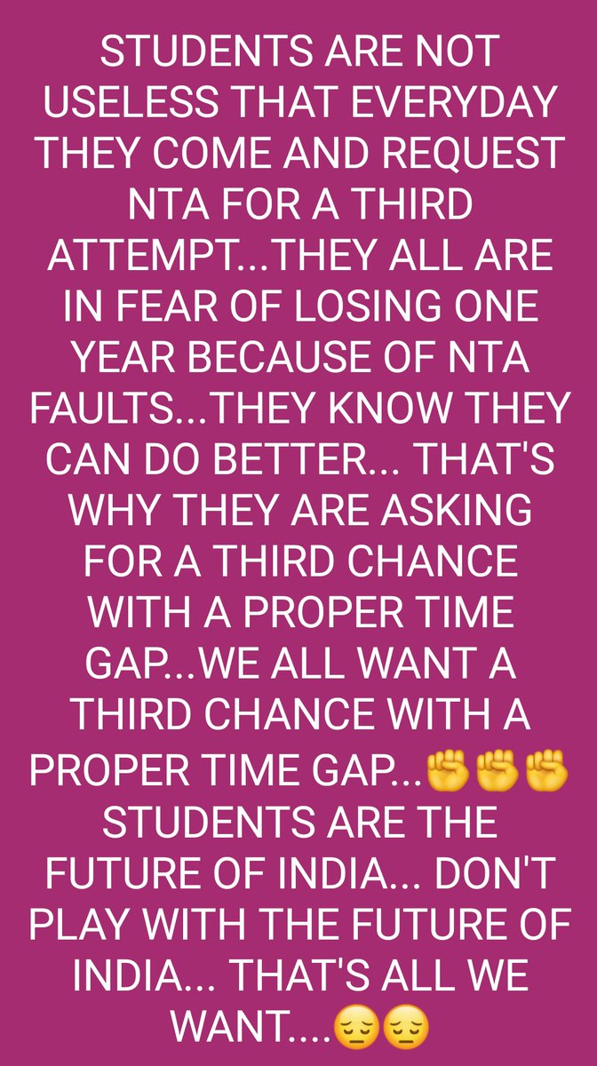 MdTaaha8's tweet photo. #JEEAspirantsFutureMatters
#JEEMainsThirdAttemptForAll 
Students who didn't face technical glitches also want a third chance because they also can't prepare well because of the insufficient gap..Every student has a valid reason to ask for third chance @DG_NTA @EduMinOfIndia 🥲🥲 https://t.co/TwL4HDP12N
