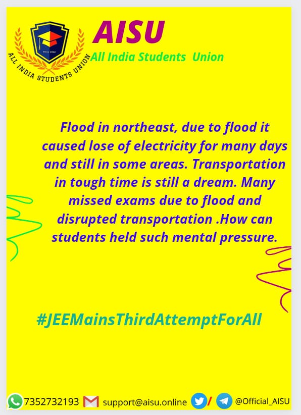 pkkj2606's tweet photo. Students haved many problems 
Such as
. Server issue 
* Flood in Assam 
* Less Gap between two attempts
* Wrong Response sheet
* unwanted marks vs percentile 
Technical glitches in both 1st and 2nd attempt. 
@DG_NTA 
#JEEMainsThirdAttemptForAll https://t.co/76TBaRJ92E