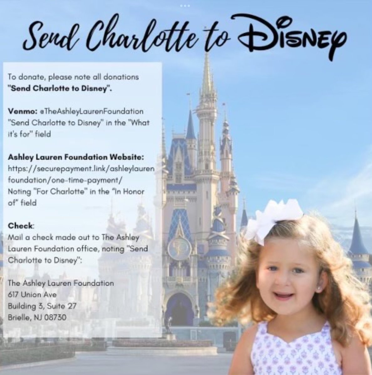 Charlotte, one of our Kindergarten students, has been diagnosed with cancer for the second time.  Her family wants to create special memories for her.  If you would like to contribute to her fund, there are several different options.